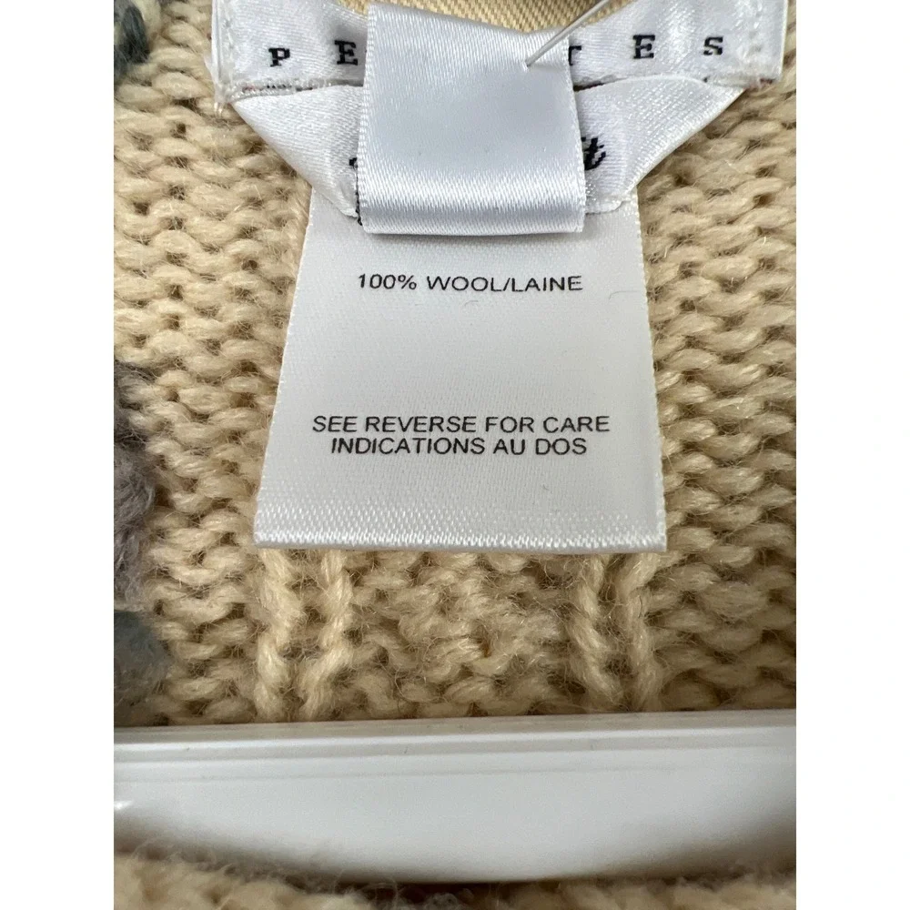 Talbots Cardigan Sweater Women Petite P Beige Floral Hand Knit 100% Wool Cable